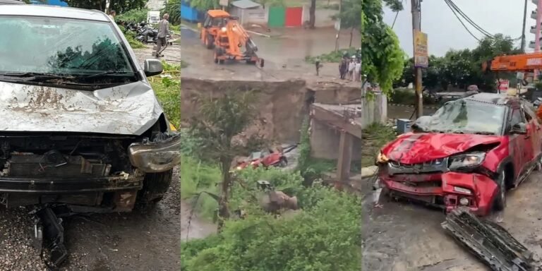 गाजियाबाद: मूसलाधार बारिश के चलते बेसमेंट धंसा, सड़क बन गई खाई, 4 गाड़ियां हुईं दफन