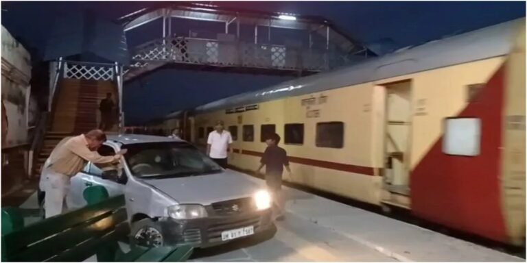 मेरठ रेलवे स्टेशन पर शख्स ने ट्रेन के साथ दौड़ाई कार, वीडियो हुआ वायरल