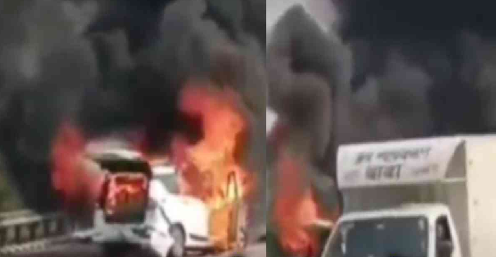 सुल्तानपुर एक्सप्रेसवे हादसा: टेम्पो ट्रैवलर की टक्कर से CNG कार में लगी भीषण आग, एक परिवार के 7 लोग बाल-बाल बचे